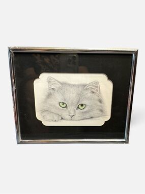 Vintage Virginia Miller graphite pencil drawing adorable kitten with green eyes
